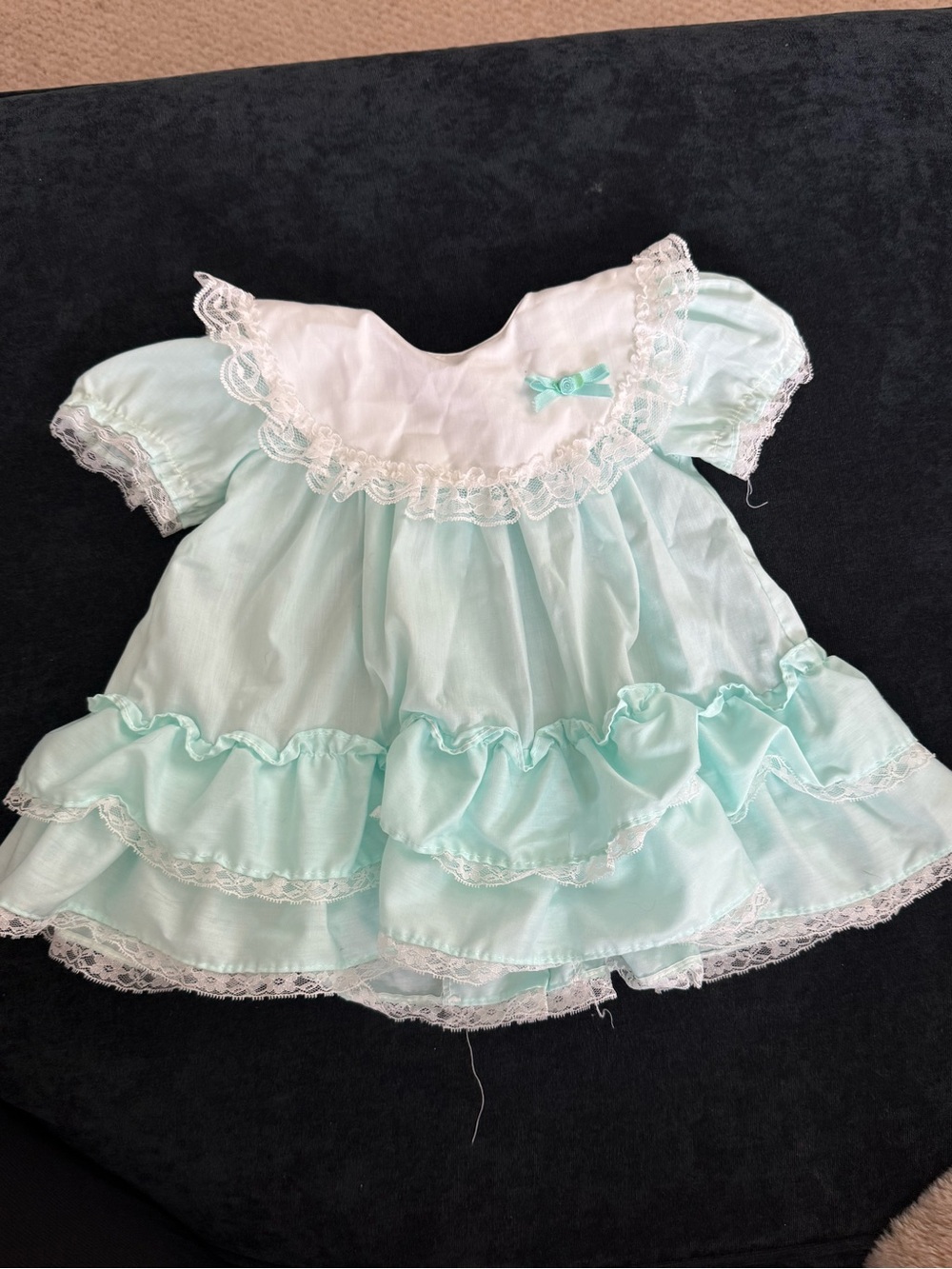 Vintage Nursery Rhyme 9mo Ruffled Baby Dress in Light Blue/Aqua with Lace Trim